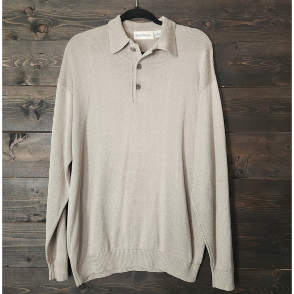 Barry Bricken 100% Silk Polo Sweater Men's Large Knit Pullover Long Sleeve Beige
